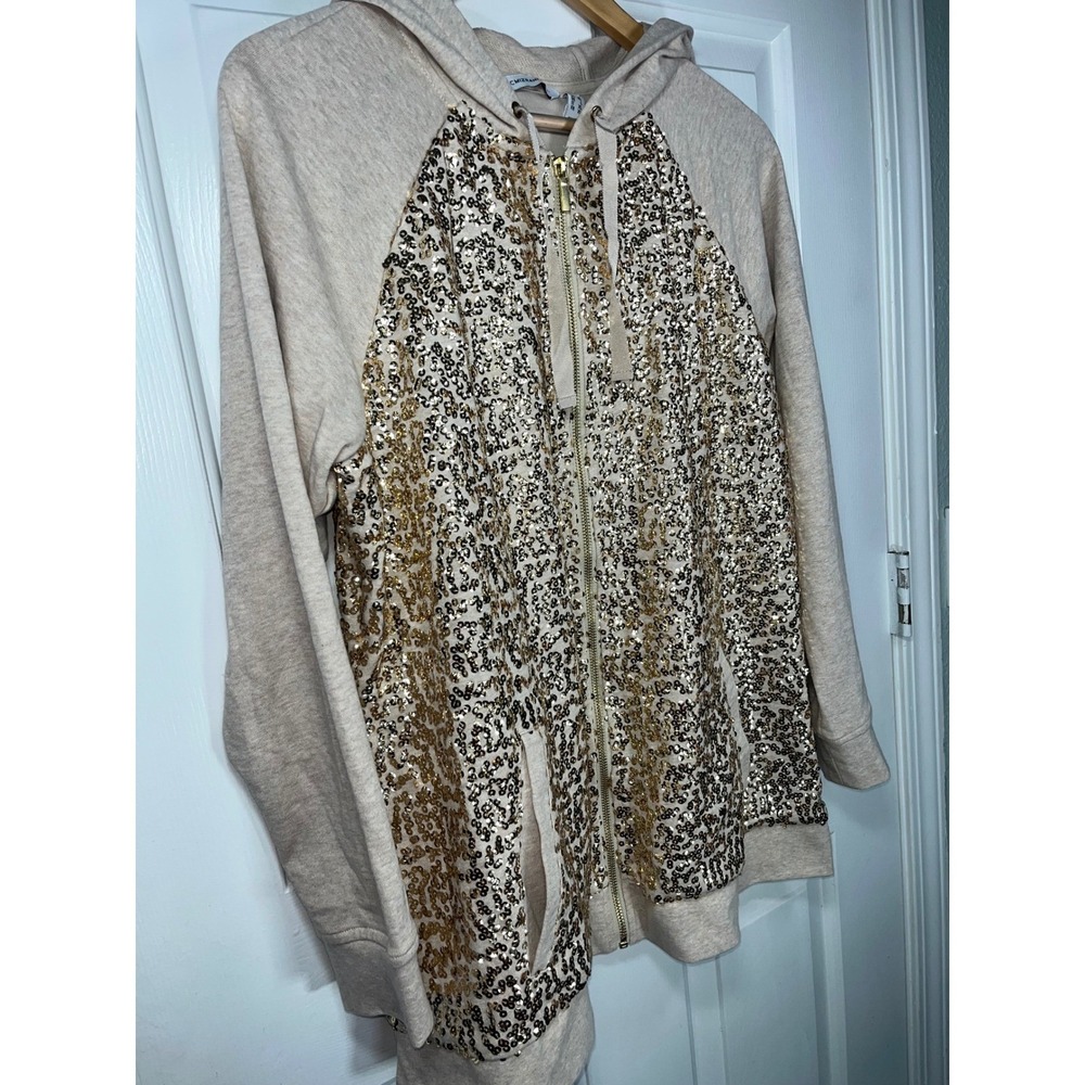 Isaac Mizrahi Live QVC Gold Sequin Zip Hoodie Large Oatmeal Raglan Sparkle Luxe - Picture 4 of 10